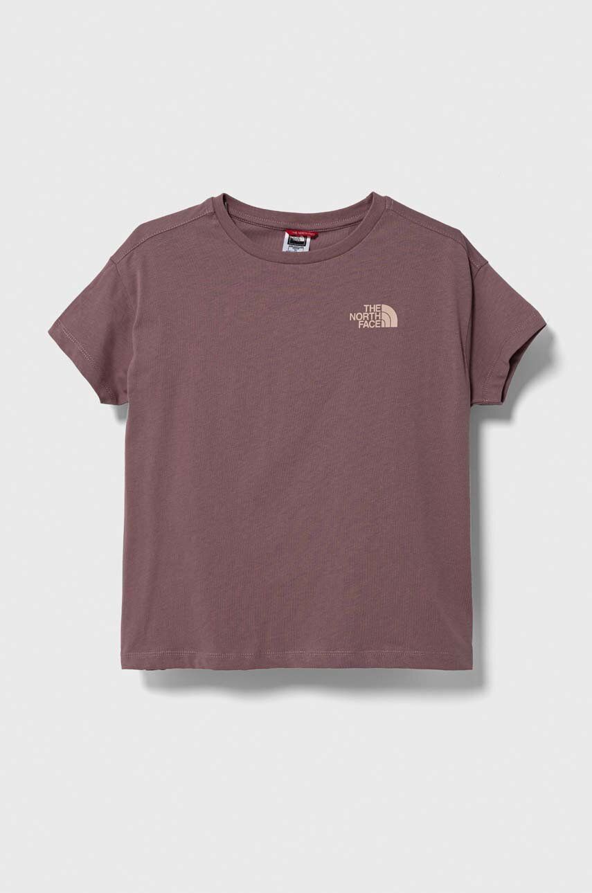 Dětské bavlněné tričko The North Face G VERTICAL LINE S/S TEE hnědá barva - fialová - 100 % Bavlna