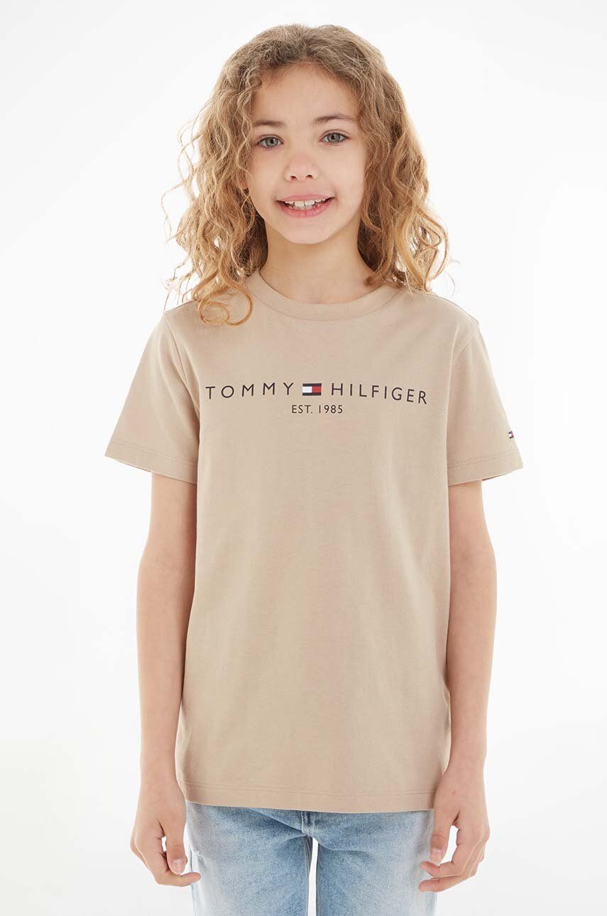 Levně Dětské bavlněné tričko Tommy Hilfiger hnědá barva