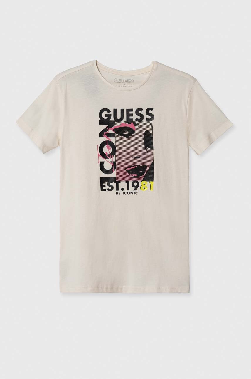 Детская хлопковая футболка Guess цвет бежевый Детская хлопковая футболка Guess цвет бежевый