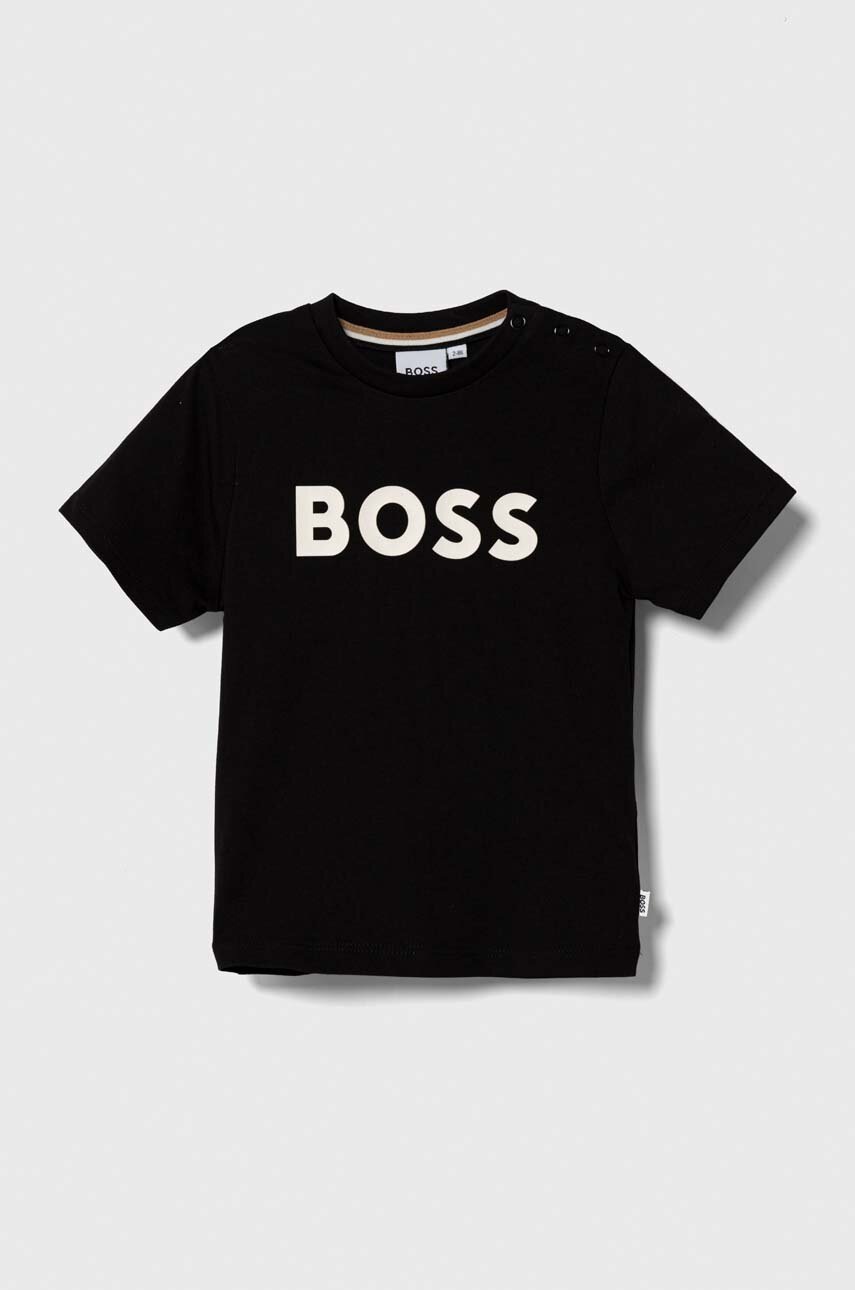 

Бебешка памучна тениска BOSS в черно с принт, Черен
