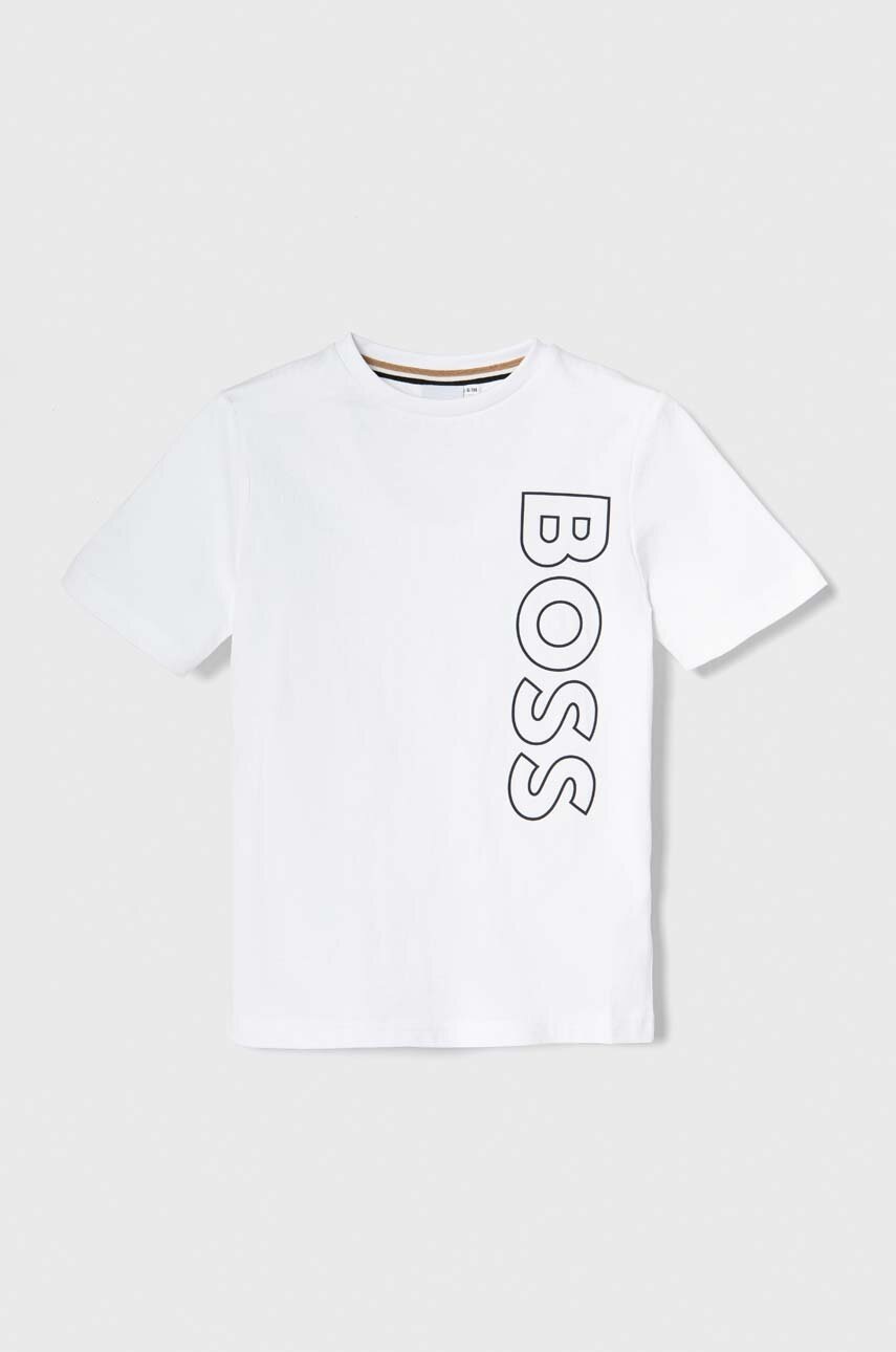 

Детская хлопковая футболка BOSS цвет белый с принтом