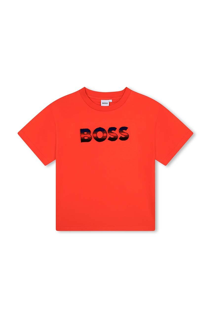 E-shop Dětské bavlněné tričko BOSS červená barva, s potiskem