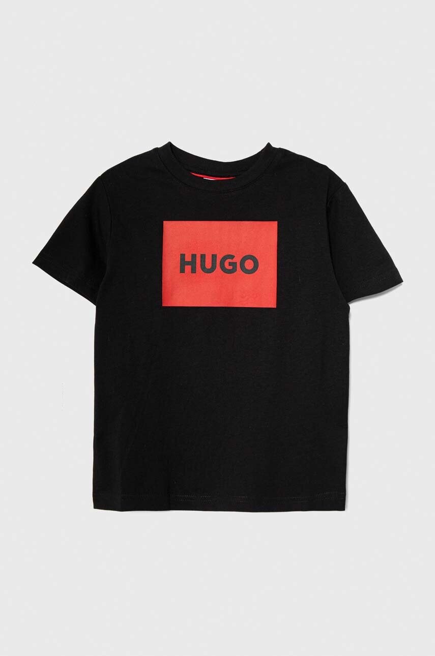 

Детска памучна тениска HUGO в черно с принт, Черен