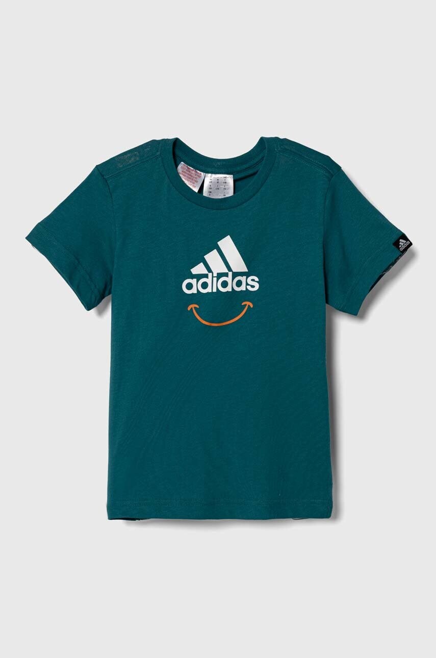 

Дитяча бавовняна футболка adidas колір зелений з принтом