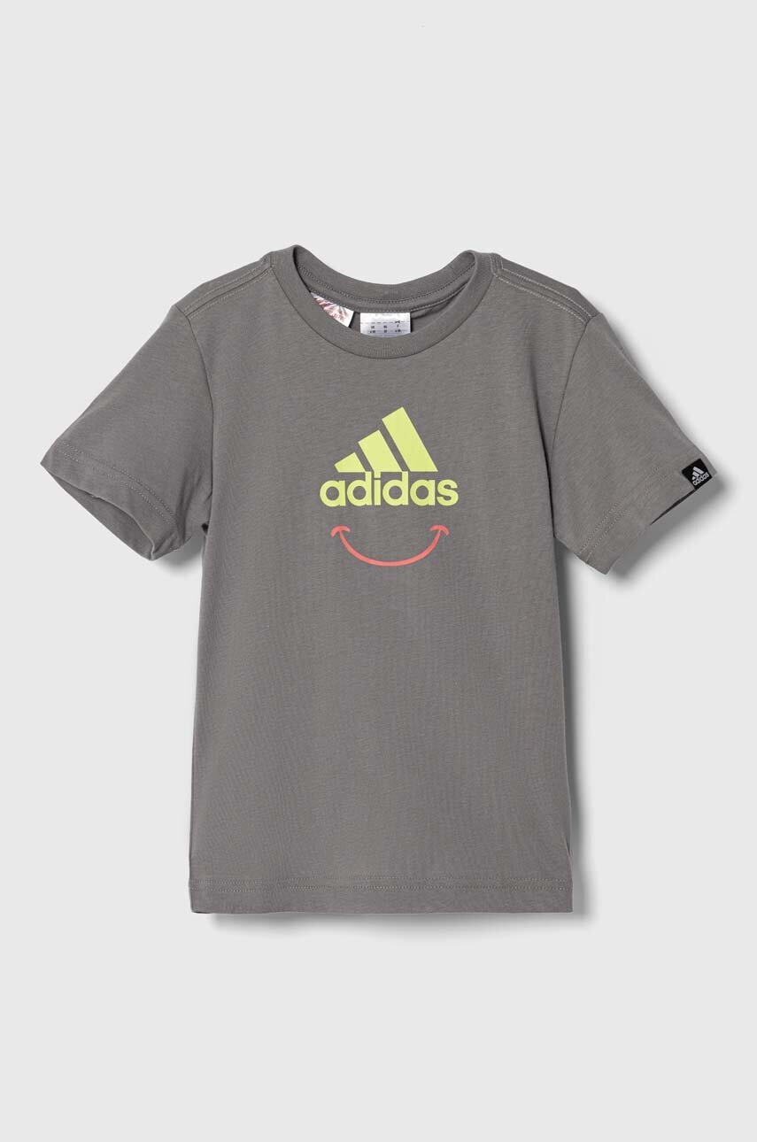 

Детская хлопковая футболка adidas цвет серый с принтом