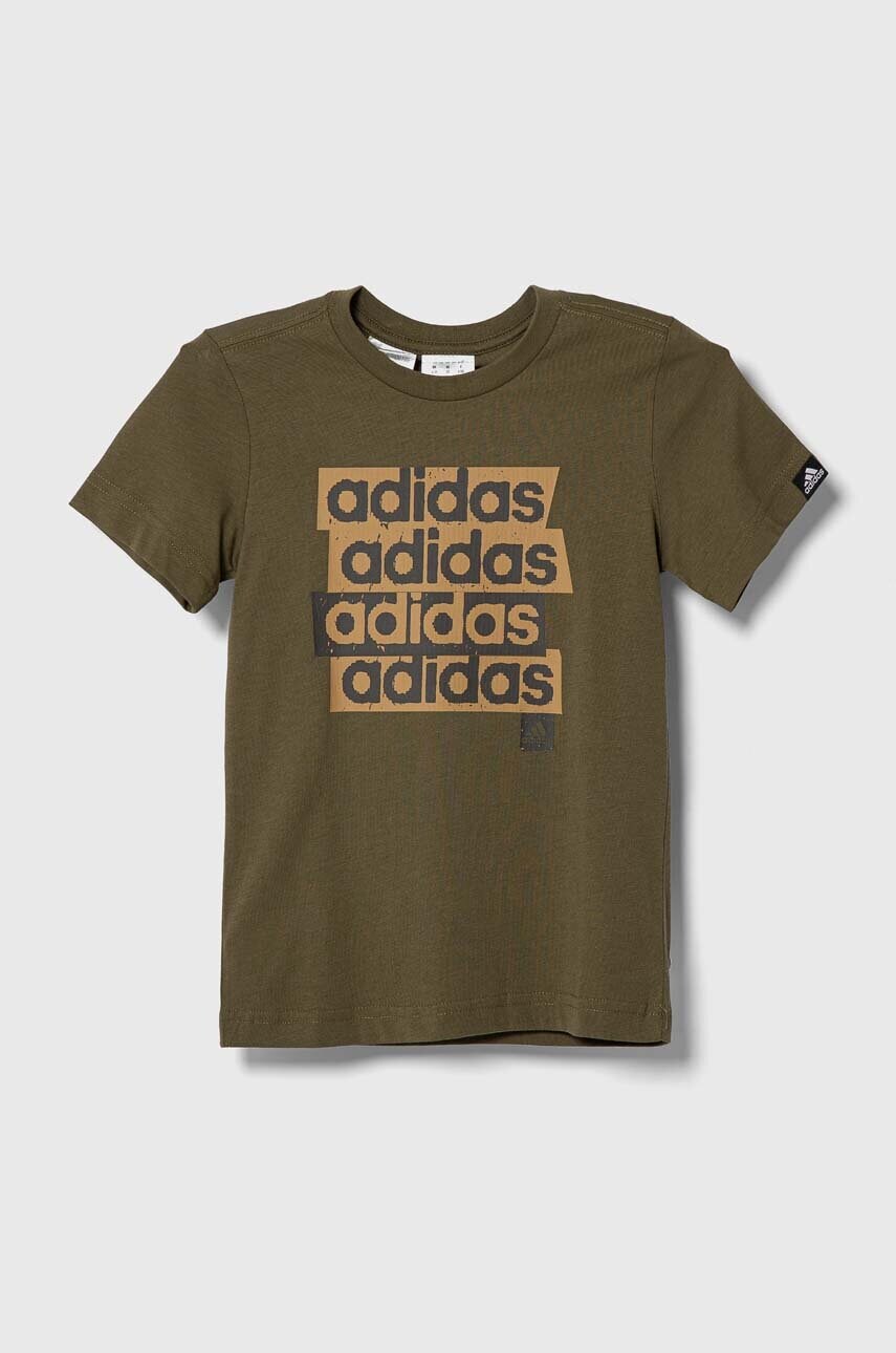 

Дитяча бавовняна футболка adidas колір зелений з принтом