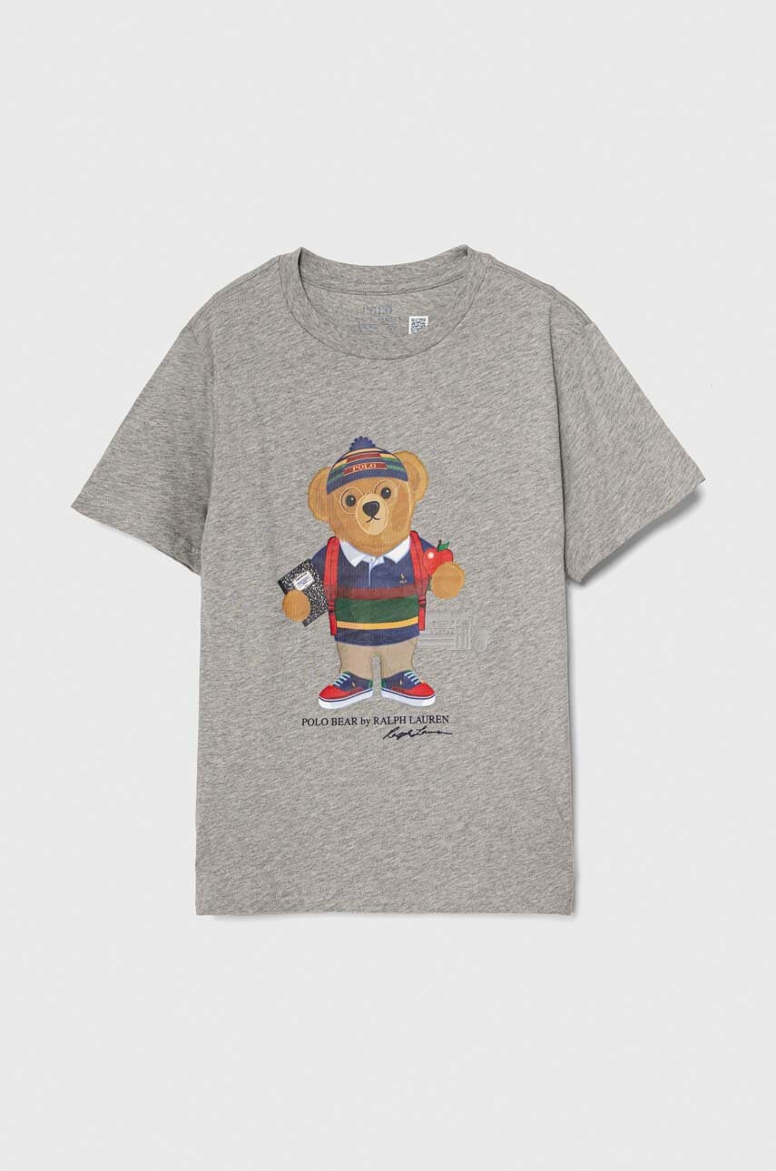 

Детска памучна тениска Polo Ralph Lauren в сиво с принт, Сив