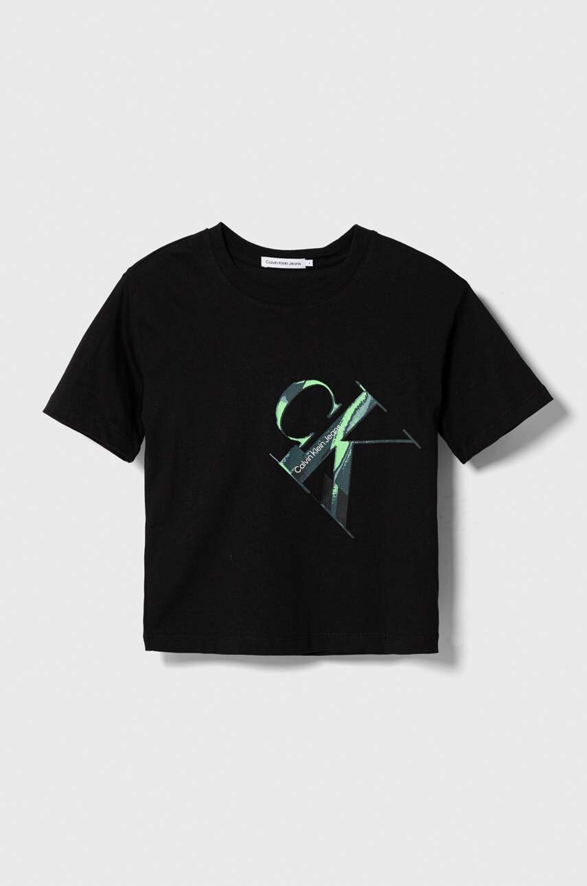 

Детска памучна тениска Calvin Klein Jeans в черно с принт, Черен