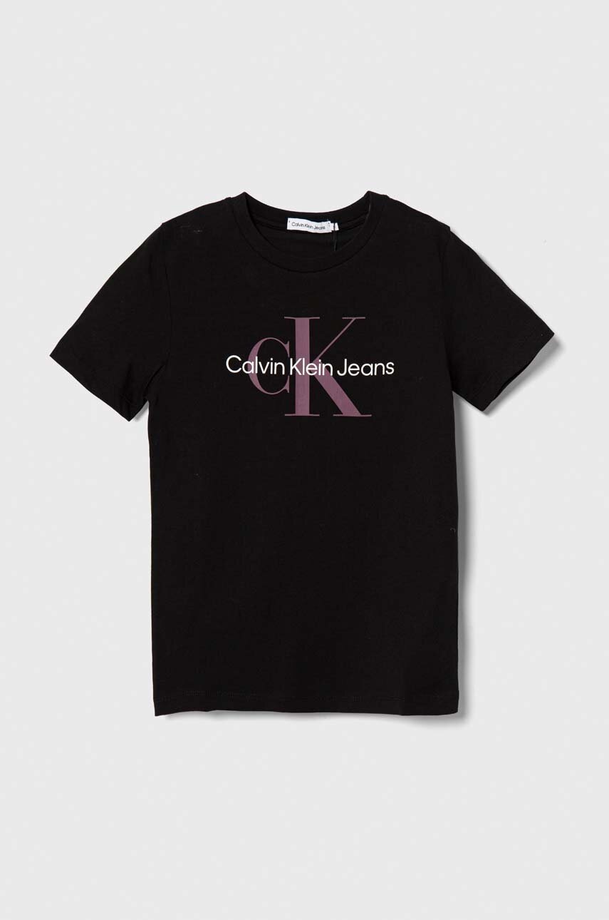 

Детска памучна тениска Calvin Klein Jeans в черно с принт, Черен