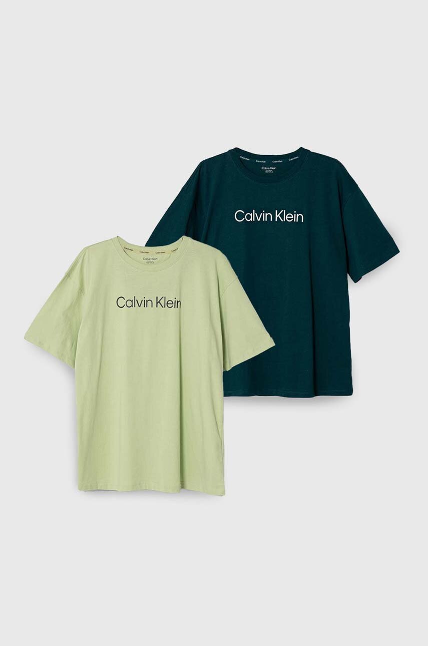 

Детско памучно горнище на пижама с къси ръкави Calvin Klein Underwear (2 броя) в зелено с принт, Зелен
