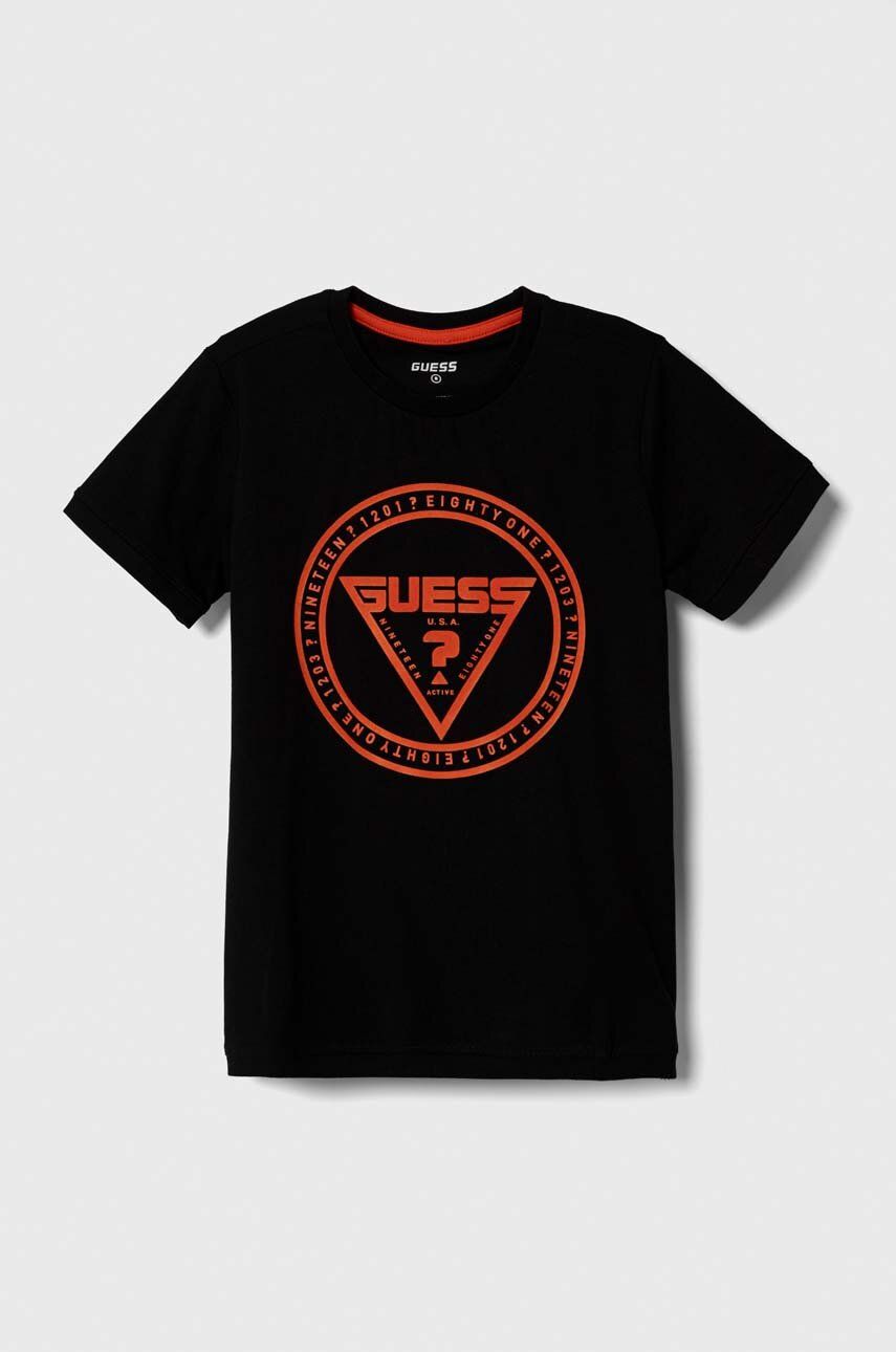 Dětské tričko Guess černá barva, s potiskem - černá - 95 % Bavlna