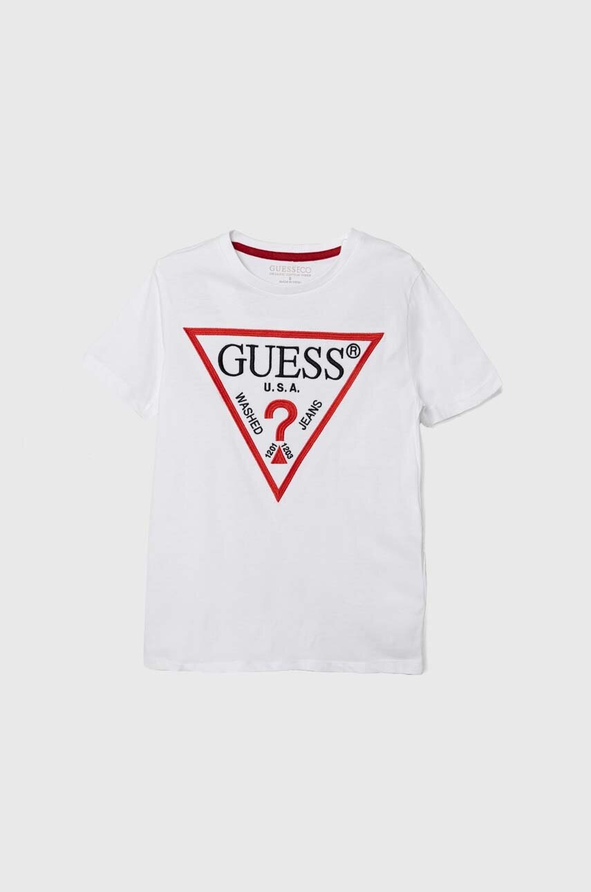 Детская хлопковая футболка Guess цвет белый с аппликацией Детская хлопковая футболка Guess цвет белый с аппликацией