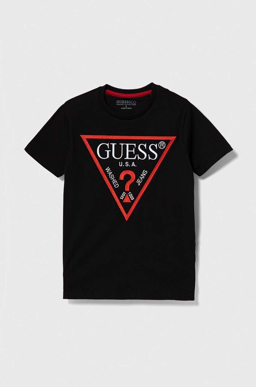 Levně Dětské bavlněné tričko Guess černá barva, s aplikací