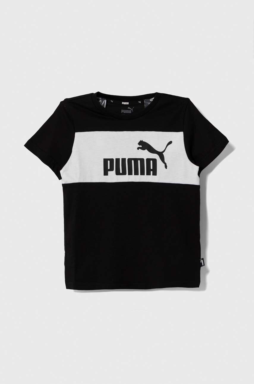 Детская хлопковая футболка Puma ESS Block Tee B-XX цвет чёрный с принтом Детская хлопковая футболка Puma ESS Block Tee B-XX цвет чёрный с принтом