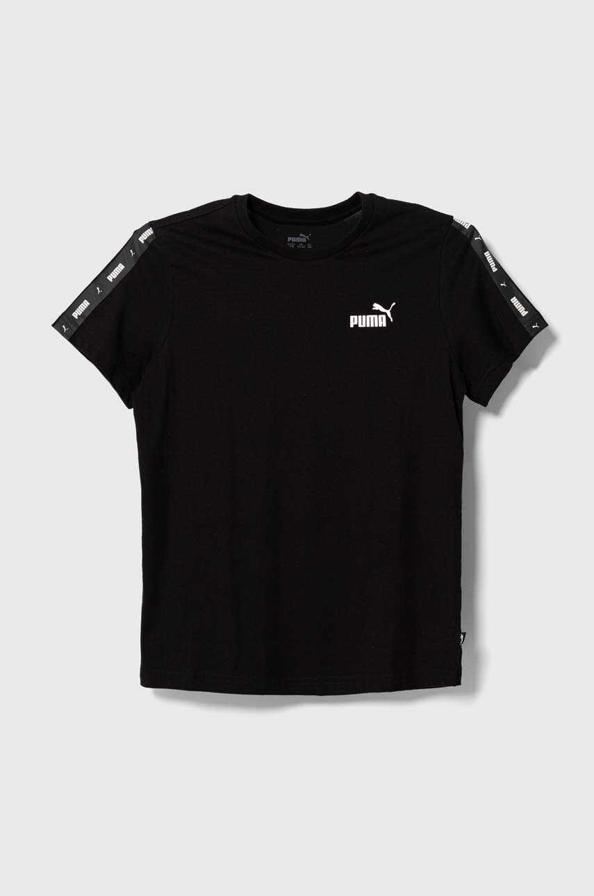Дитяча бавовняна футболка Puma Ess Tape Tee B колір чорний з принтом Дитяча бавовняна футболка Puma Ess Tape Tee B колір чорний з принтом