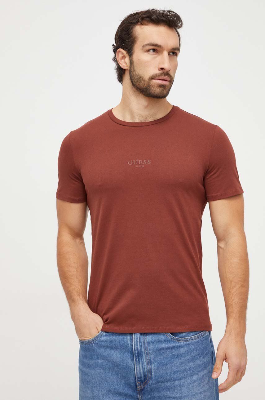 Levně Bavlněné tričko Guess AIDY hnědá barva, s aplikací, M2YI72 I3Z14