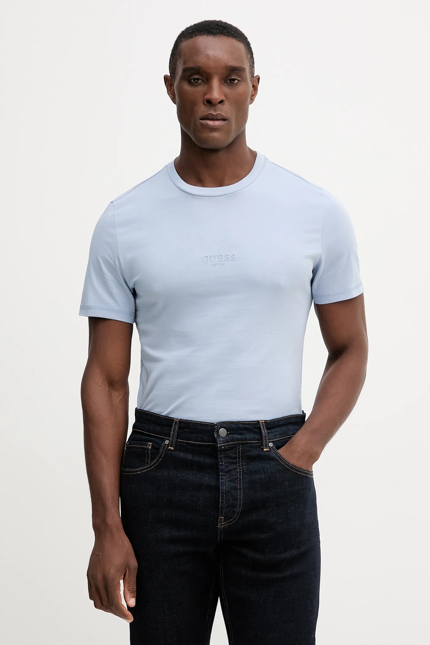 Levně Bavlněné tričko Guess AIDY pánské, oranžová barva, s aplikací, M2YI72 I3Z14