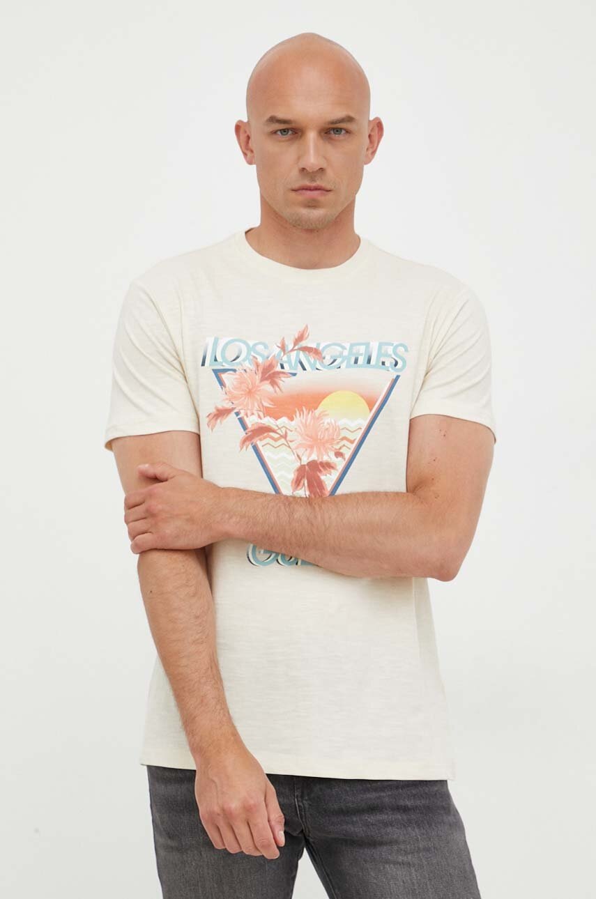 

Памучна тениска Guess в бежово с принт, Бежов