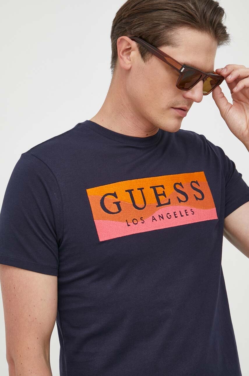 

Бавовняна футболка Guess колір синій візерунок