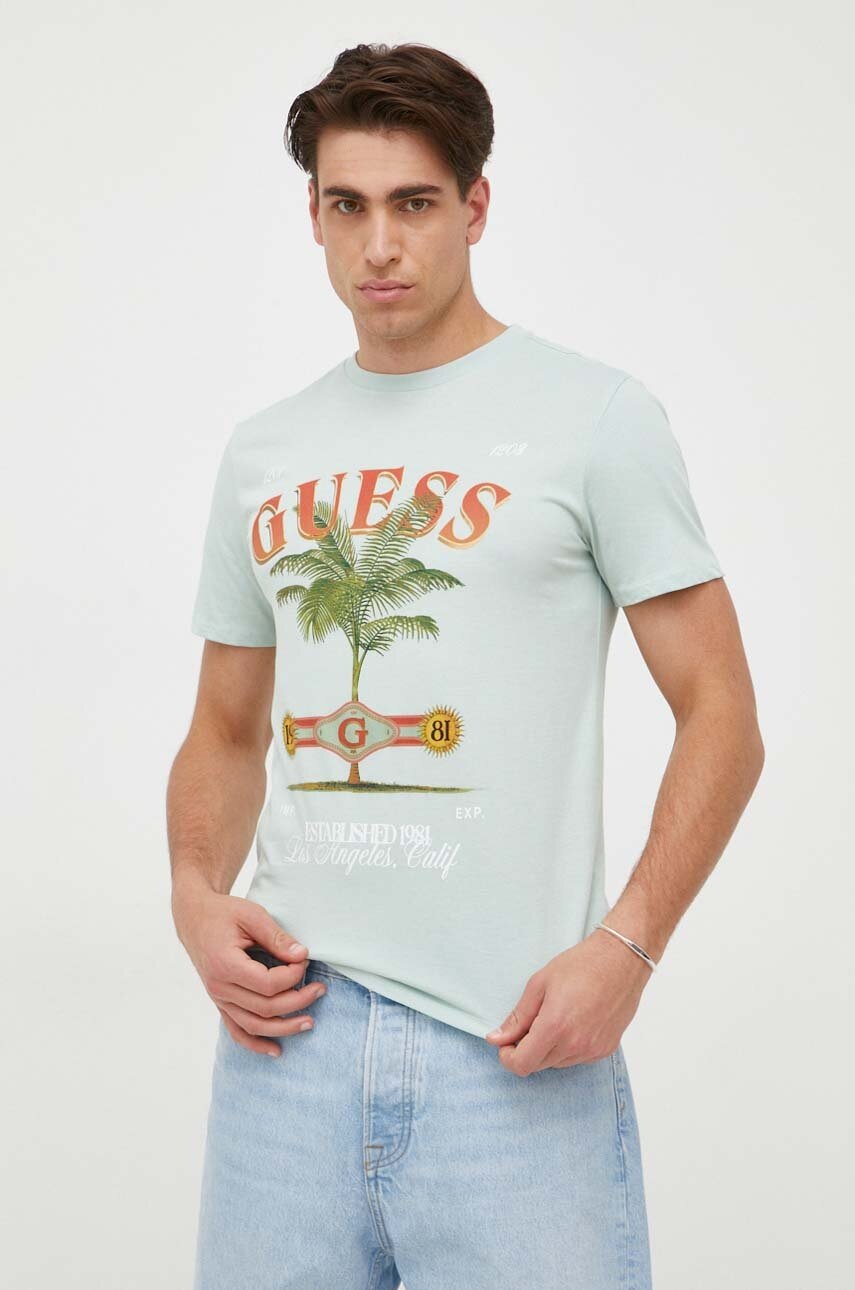 

Хлопковая футболка Guess цвет бирюзовый узорный
