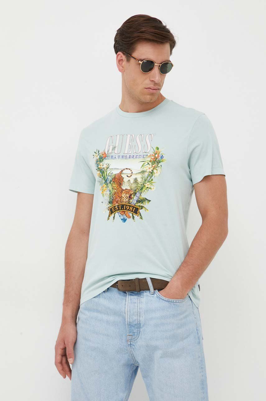 Bavlněné tričko Guess tyrkysová barva, s potiskem - tyrkysová -  100 % Bavlna