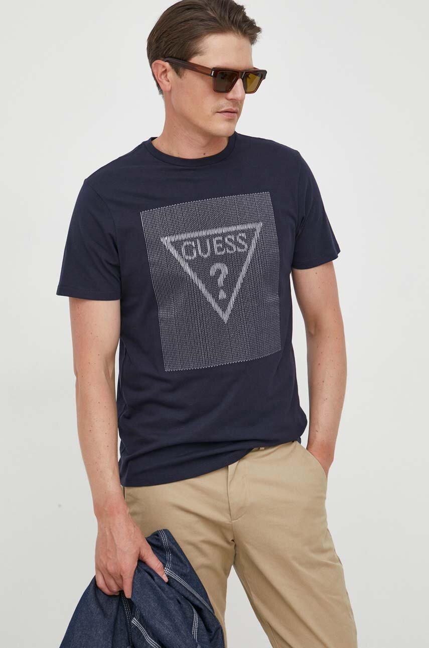 

Бавовняна футболка Guess колір синій візерунок