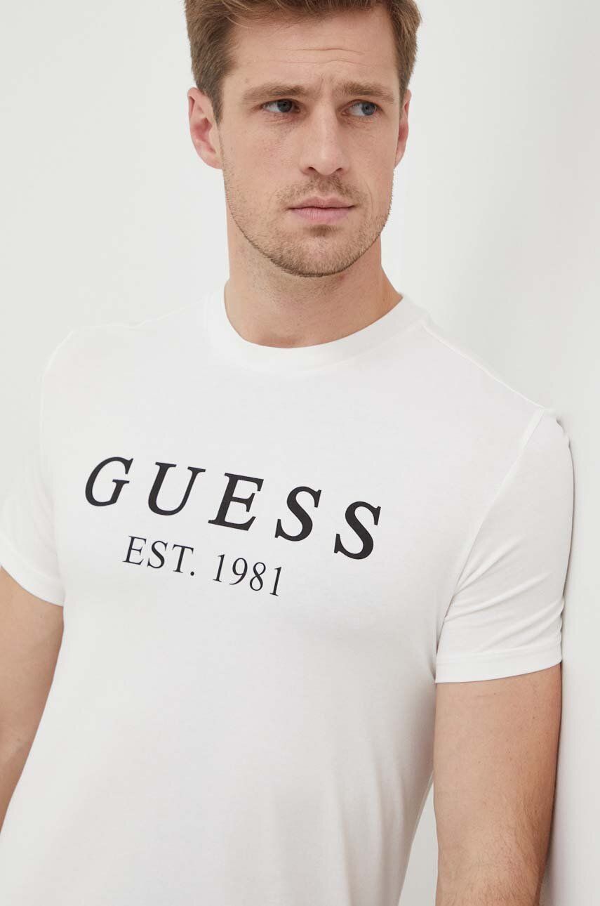 Tričko Guess béžová barva, s potiskem - béžová - 95 % Bavlna