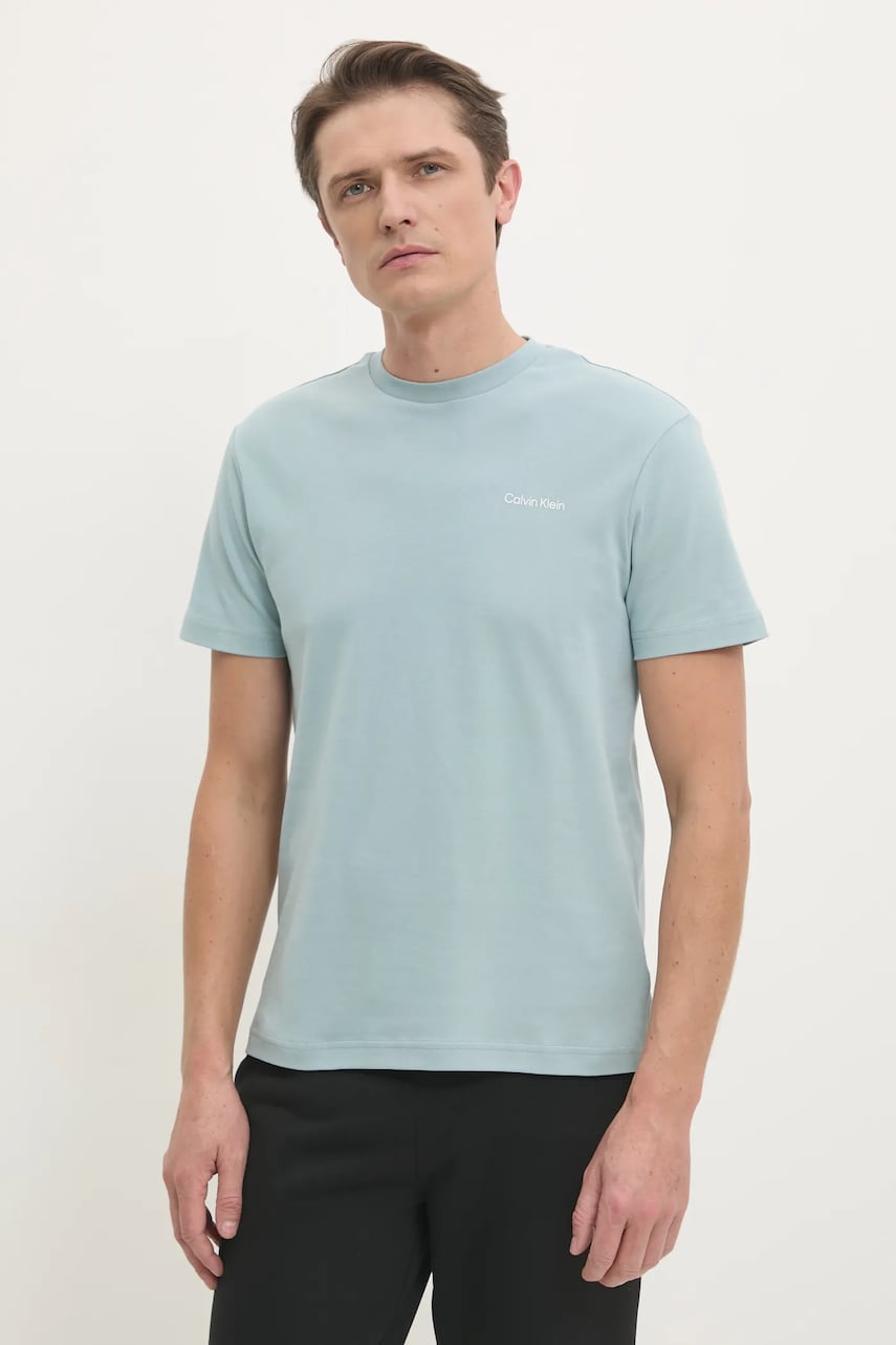 Хлопковая футболка Calvin Klein мужская цвет бирюзовый однотонная K10K109894 Хлопковая футболка Calvin Klein мужская цвет бирюзовый однотонная K10K109894