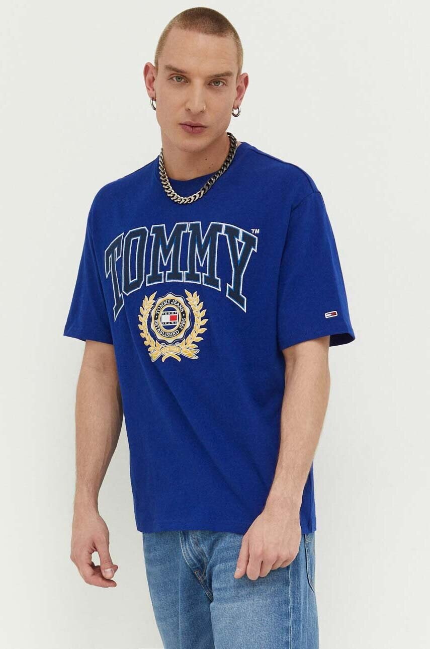 

Хлопковая футболка Tommy Jeans цвет синий с аппликацией