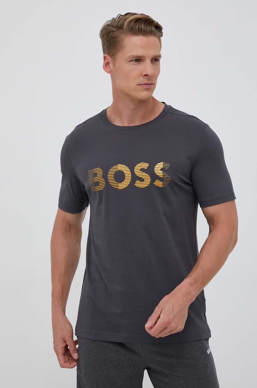 Boss Green tricou din bumbac BOSS GREEN culoarea gri, cu imprimeu