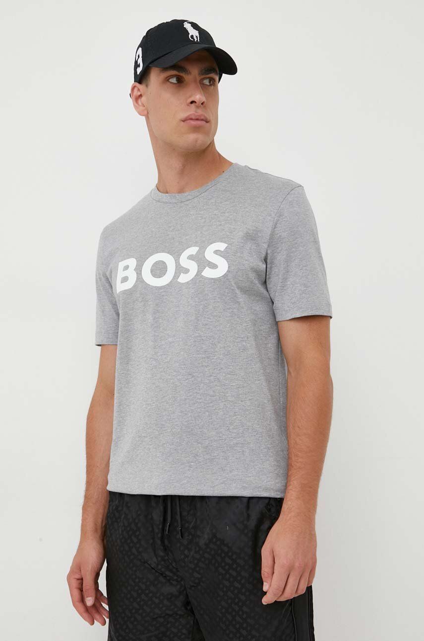 Levně Bavlněné tričko BOSS šedá barva, s potiskem, 50495742