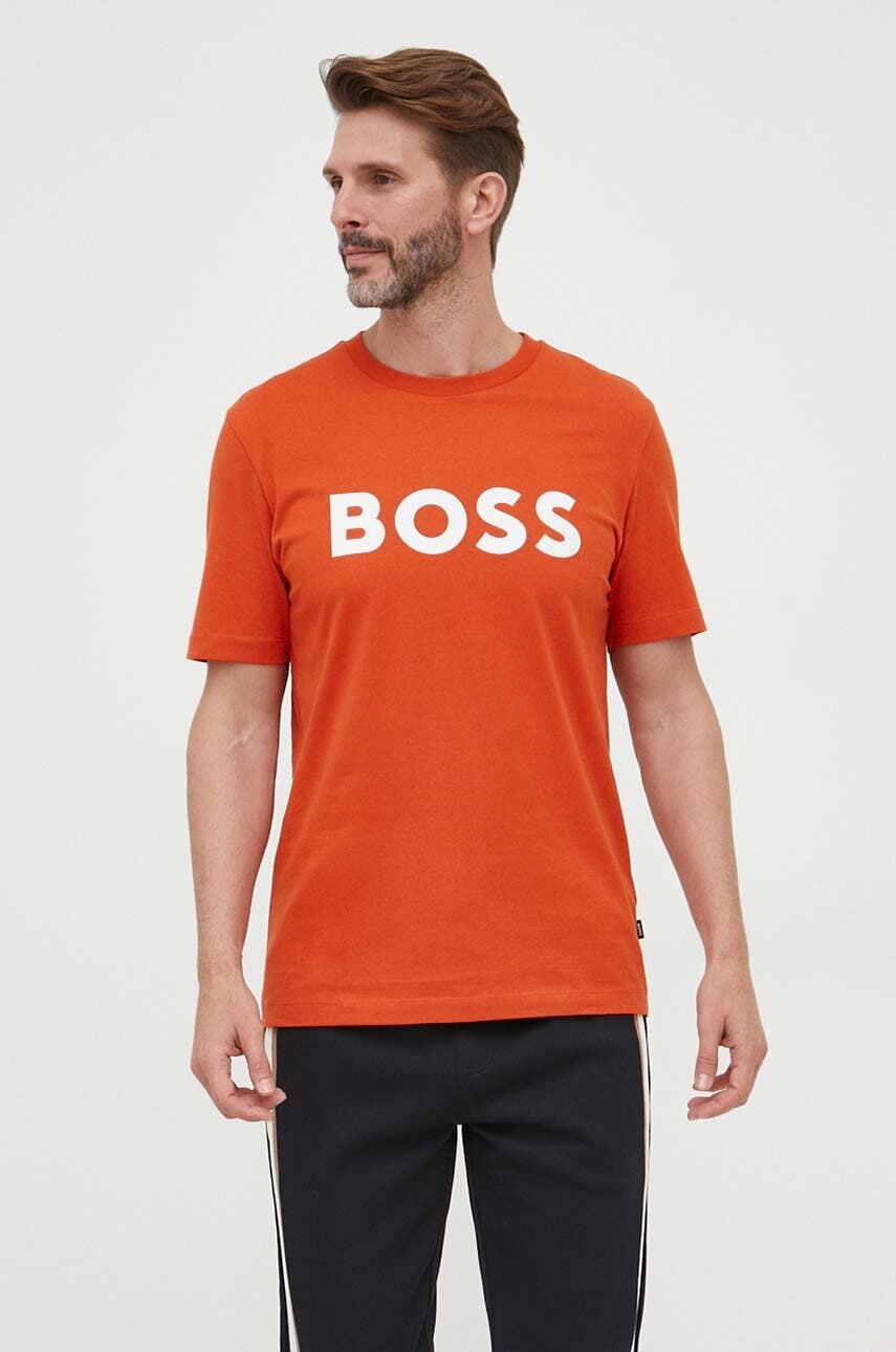 Boss Tricou Din Bumbac Culoarea Portocaliu, Cu Imprimeu