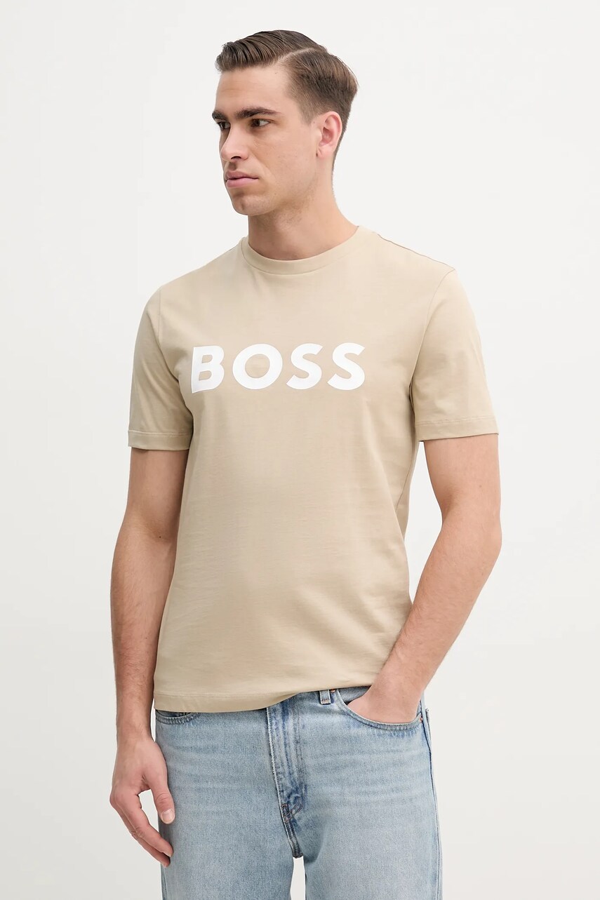 BOSS tricou din bumbac culoarea bej, cu imprimeu