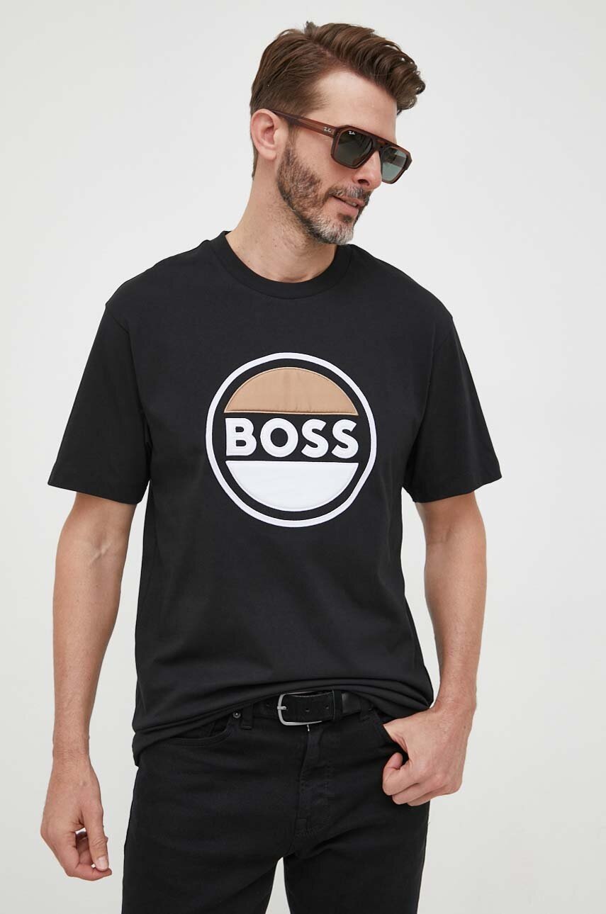 

Бавовняна футболка BOSS колір чорний з аплікацією