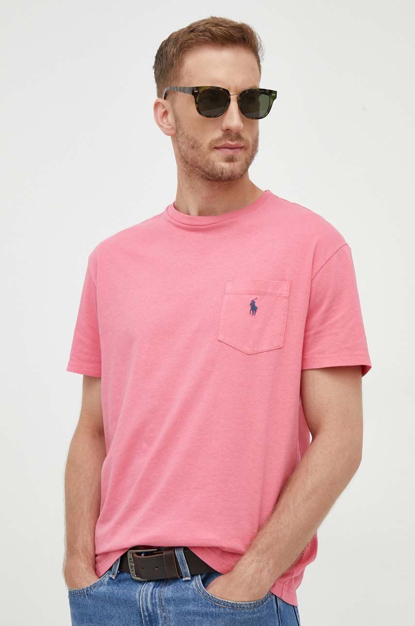 Tričko se lněnou směsí Polo Ralph Lauren červená barva - růžová -  80 % Bavlna