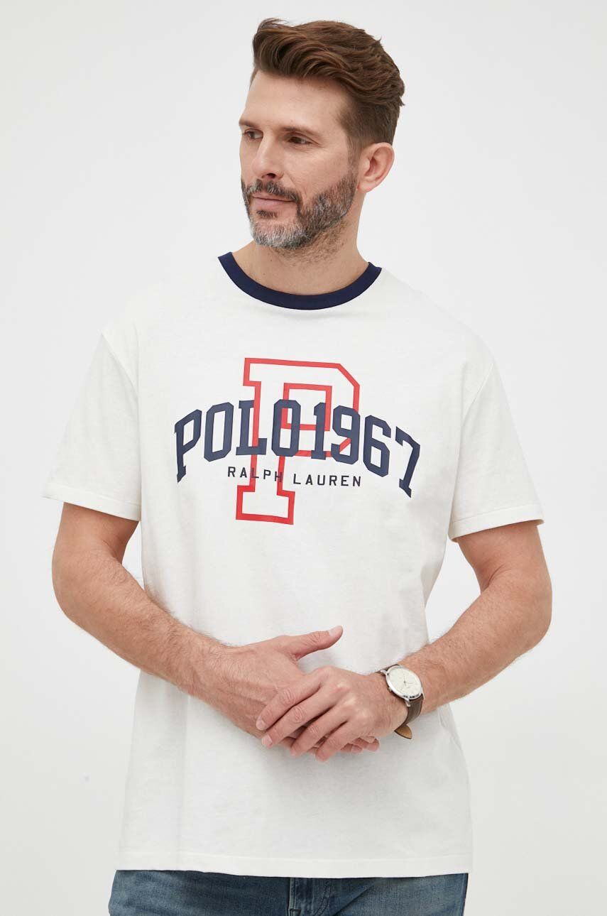 Bavlněné tričko Polo Ralph Lauren bílá barva, s potiskem - bílá -  100 % Bavlna