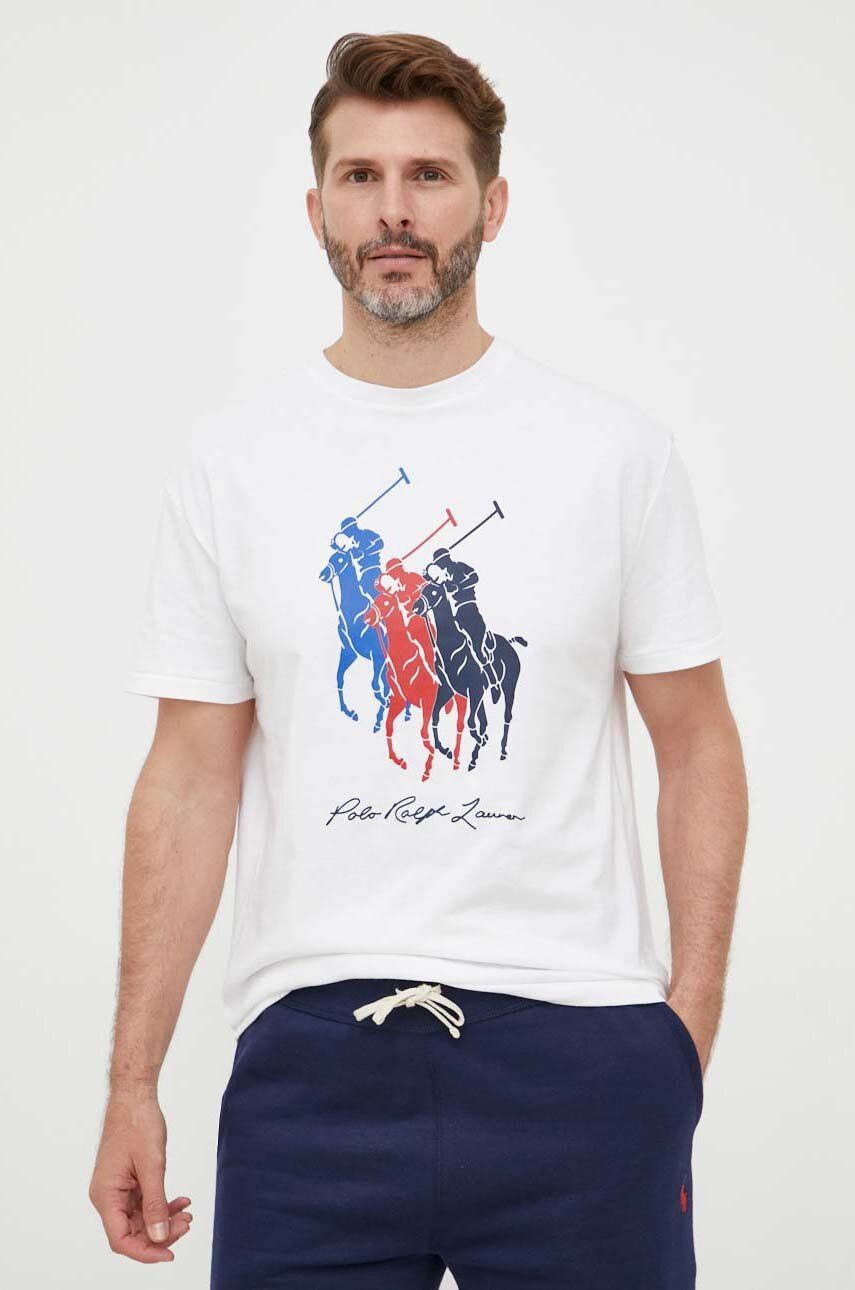 Levně Bavlněné tričko Polo Ralph Lauren bílá barva, s potiskem