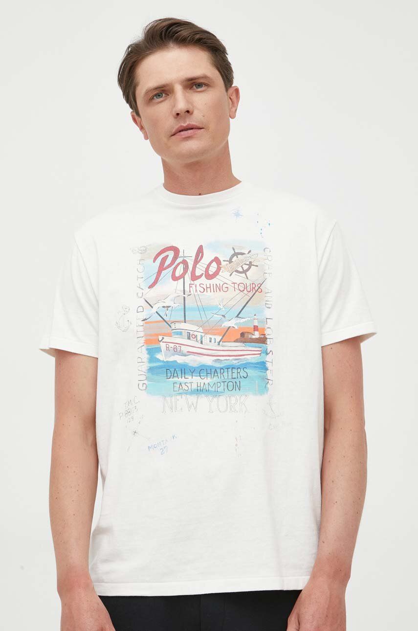 Levně Bavlněné tričko Polo Ralph Lauren bílá barva, s potiskem