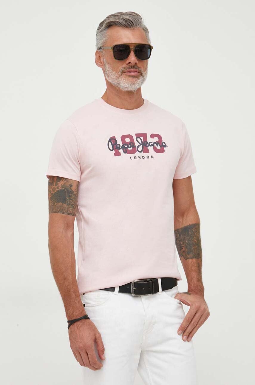 

Памучна тениска Pepe Jeans Wolf в розово с принт, Розов