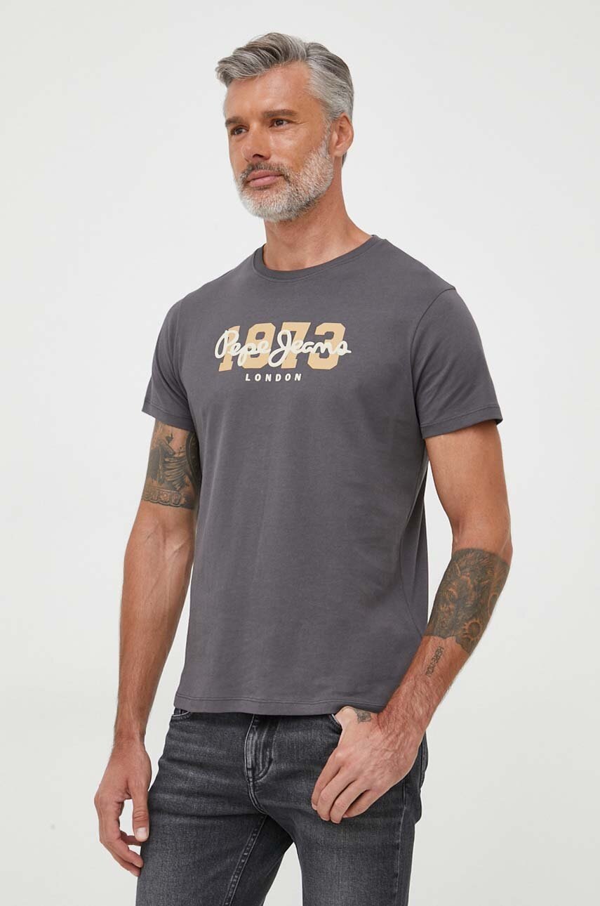 

Памучна тениска Pepe Jeans Wolf в сиво с принт, Сив