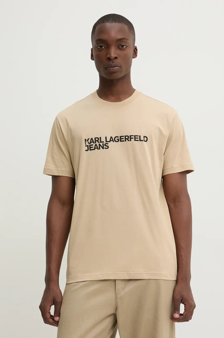 Karl Lagerfeld Jeans tricou din bumbac culoarea bej, cu imprimeu