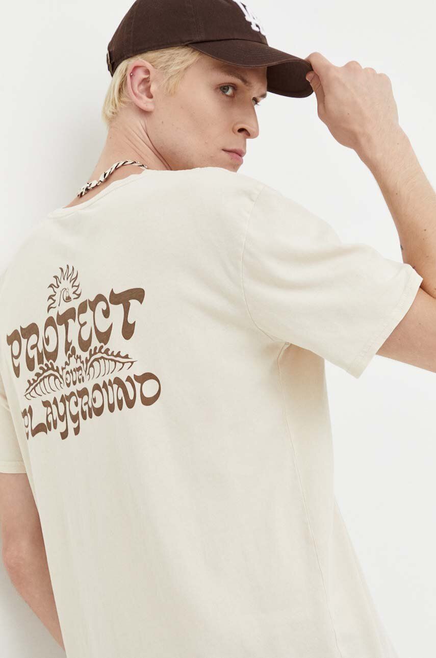 E-shop Bavlněné tričko Quiksilver béžová barva, s potiskem