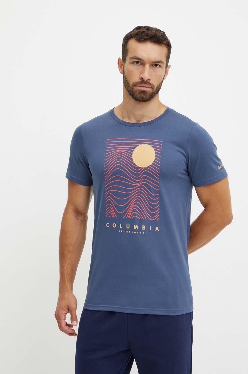 

Памучна тениска Columbia в тъмносиньо с принт, Тъмносин