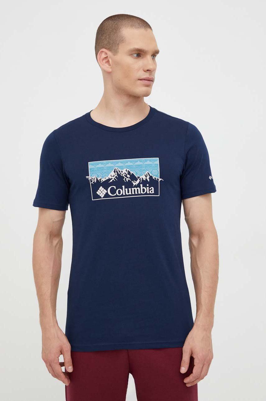 Levně Bavlněné tričko Columbia tmavomodrá barva, s potiskem