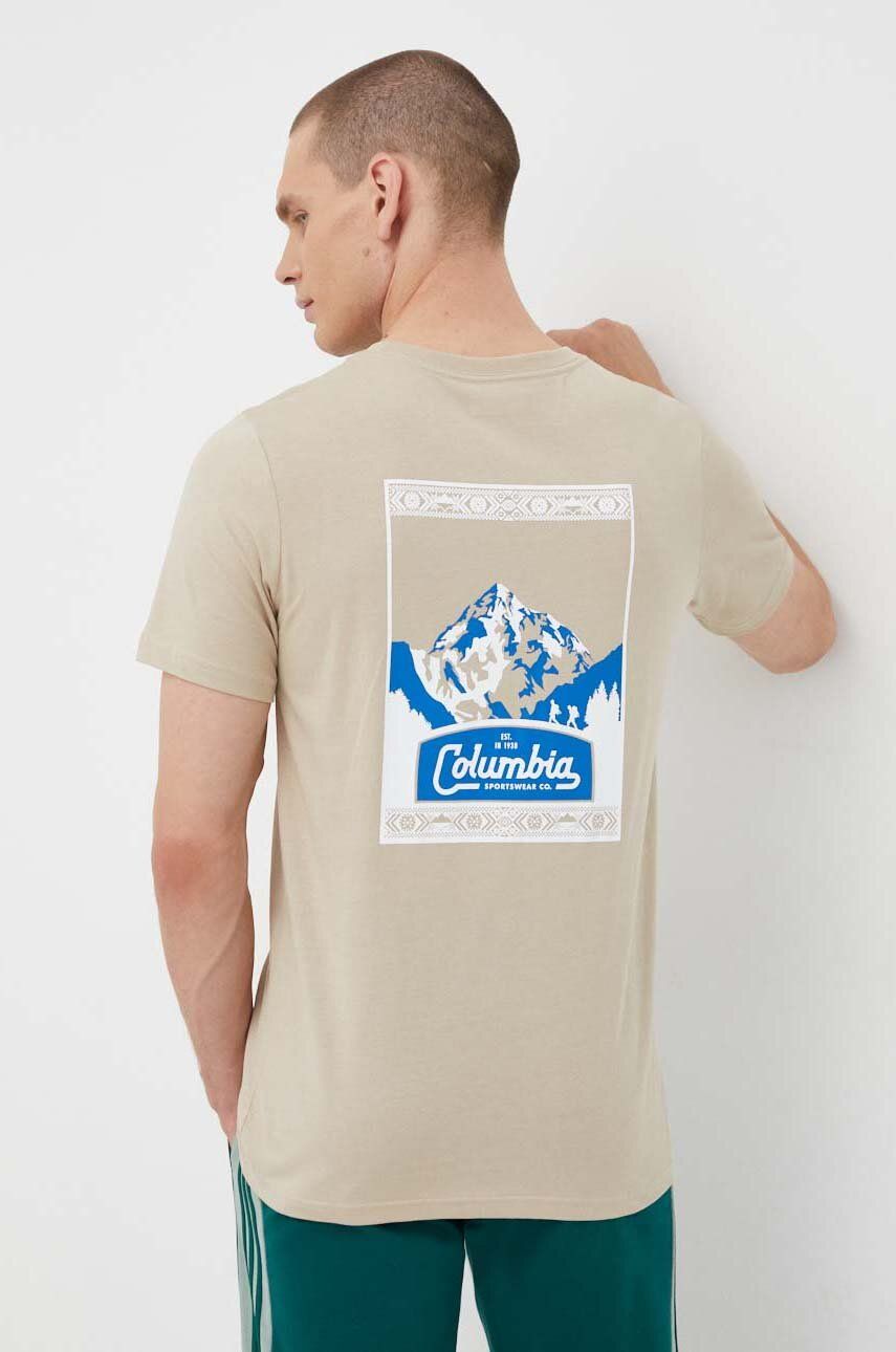 Levně Bavlněné tričko Columbia béžová barva, s potiskem