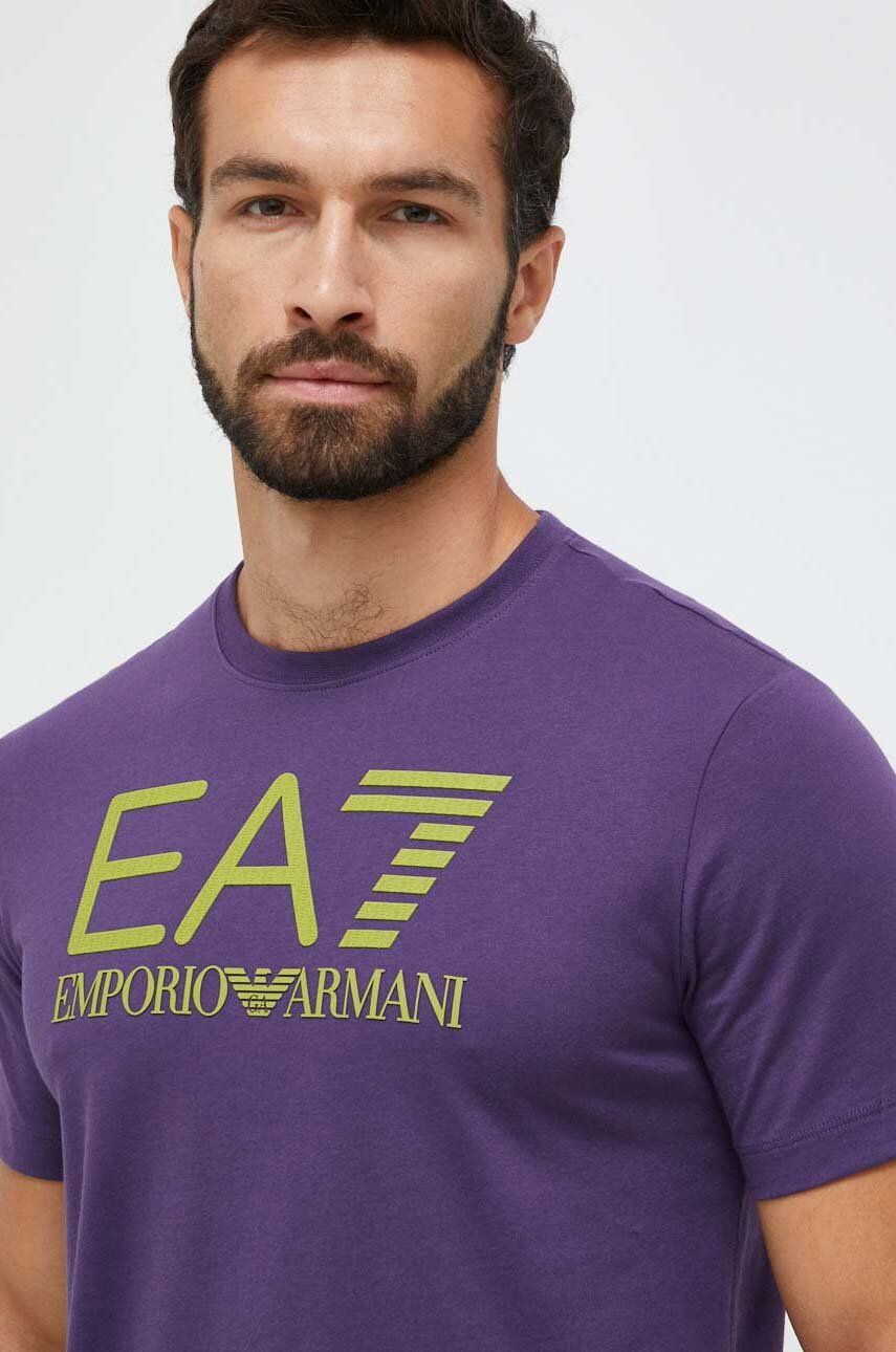 Bavlněné tričko EA7 Emporio Armani fialová barva, s potiskem - fialová - 100 % Bavlna