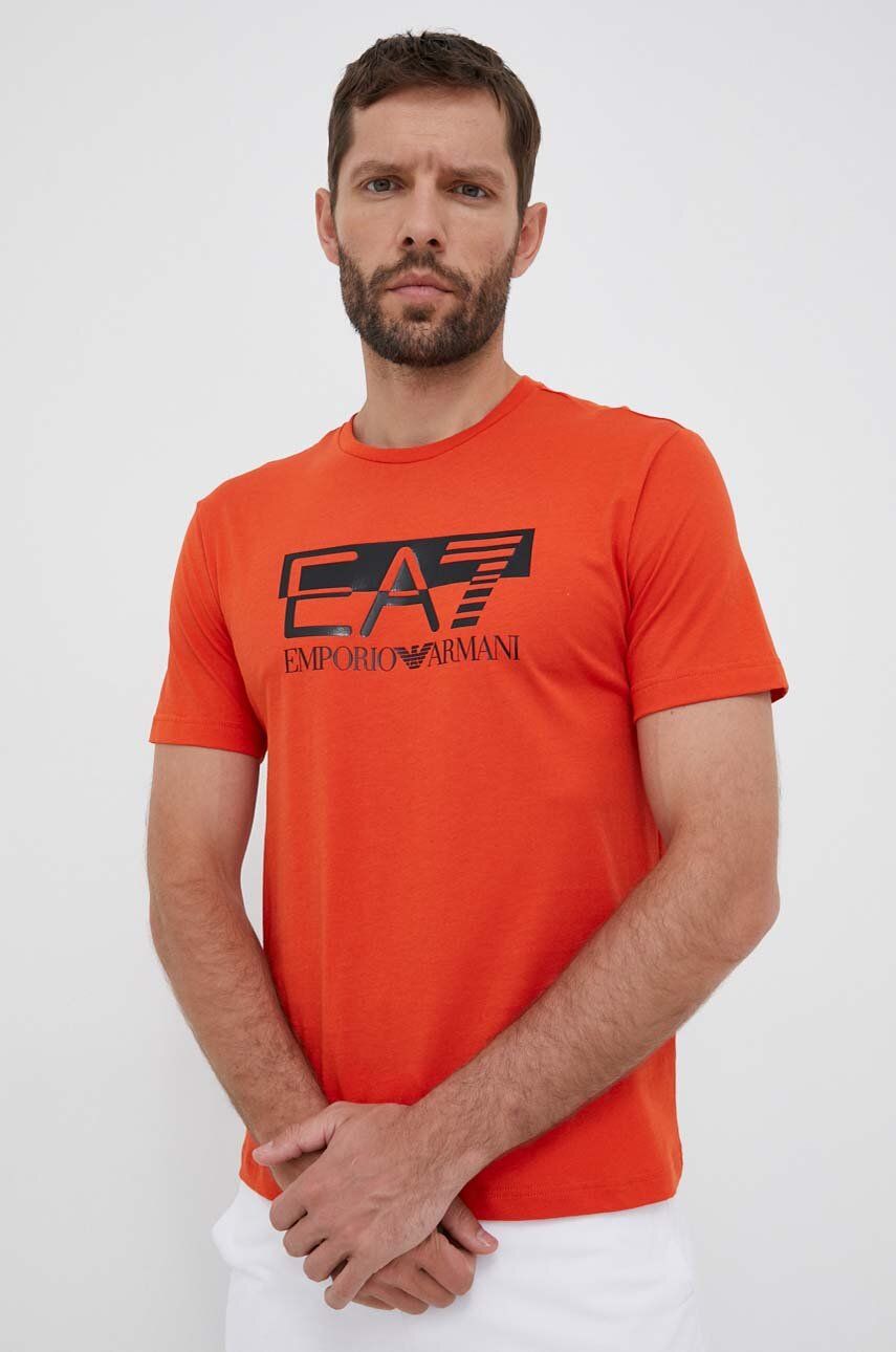 E-shop Bavlněné tričko EA7 Emporio Armani oranžová barva, s potiskem
