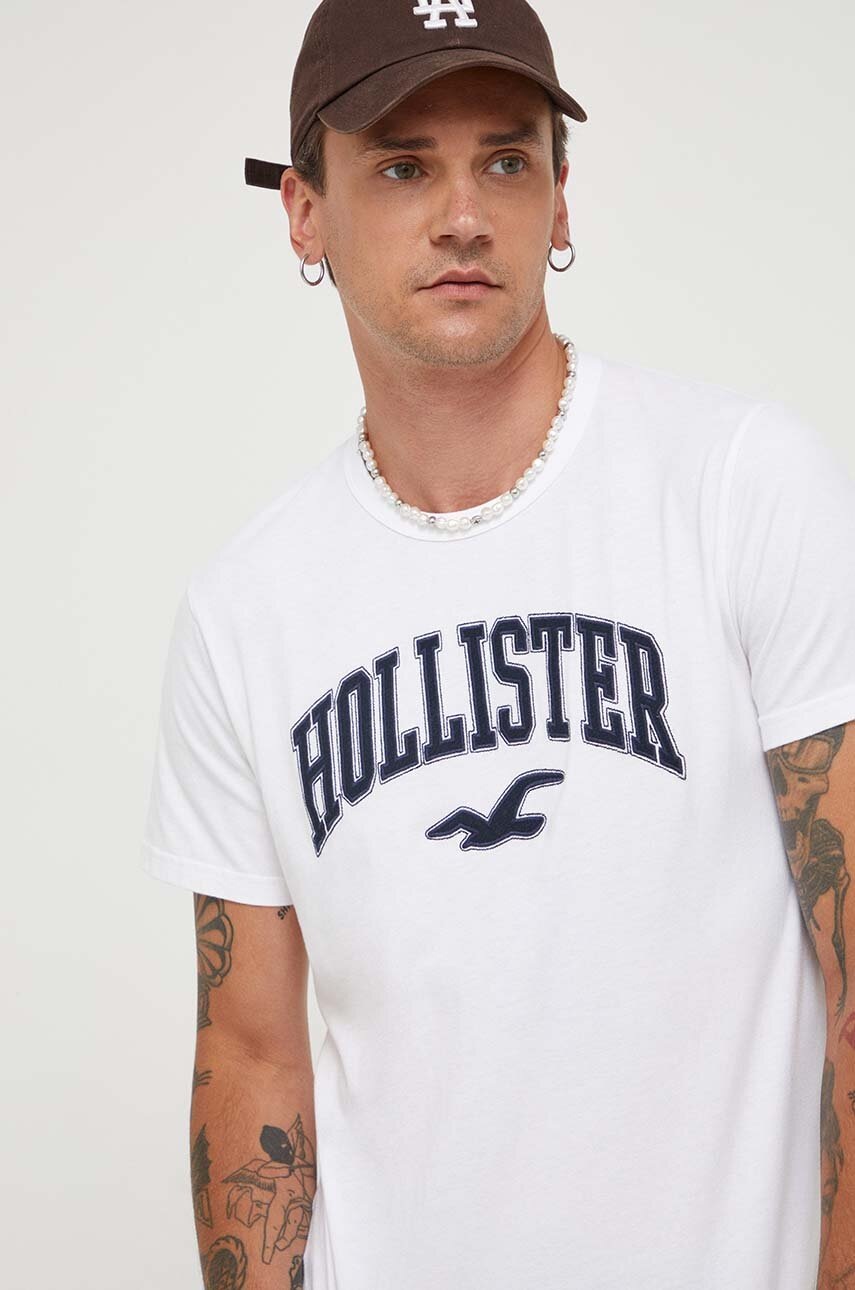 

Памучна тениска Hollister Co. в бяло с апликация, Бял