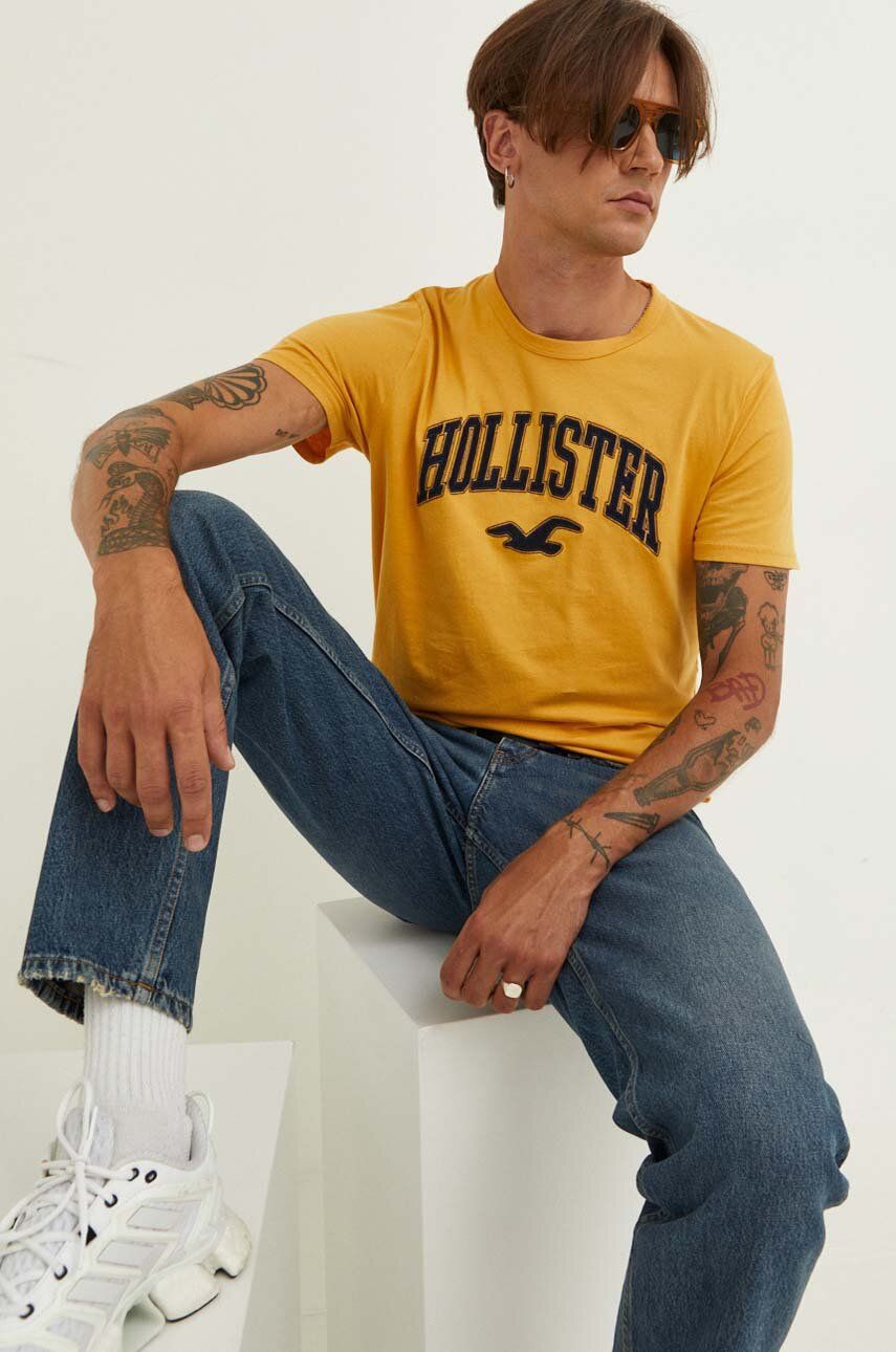 Hollister Co. tricou din bumbac culoarea galben, cu imprimeu