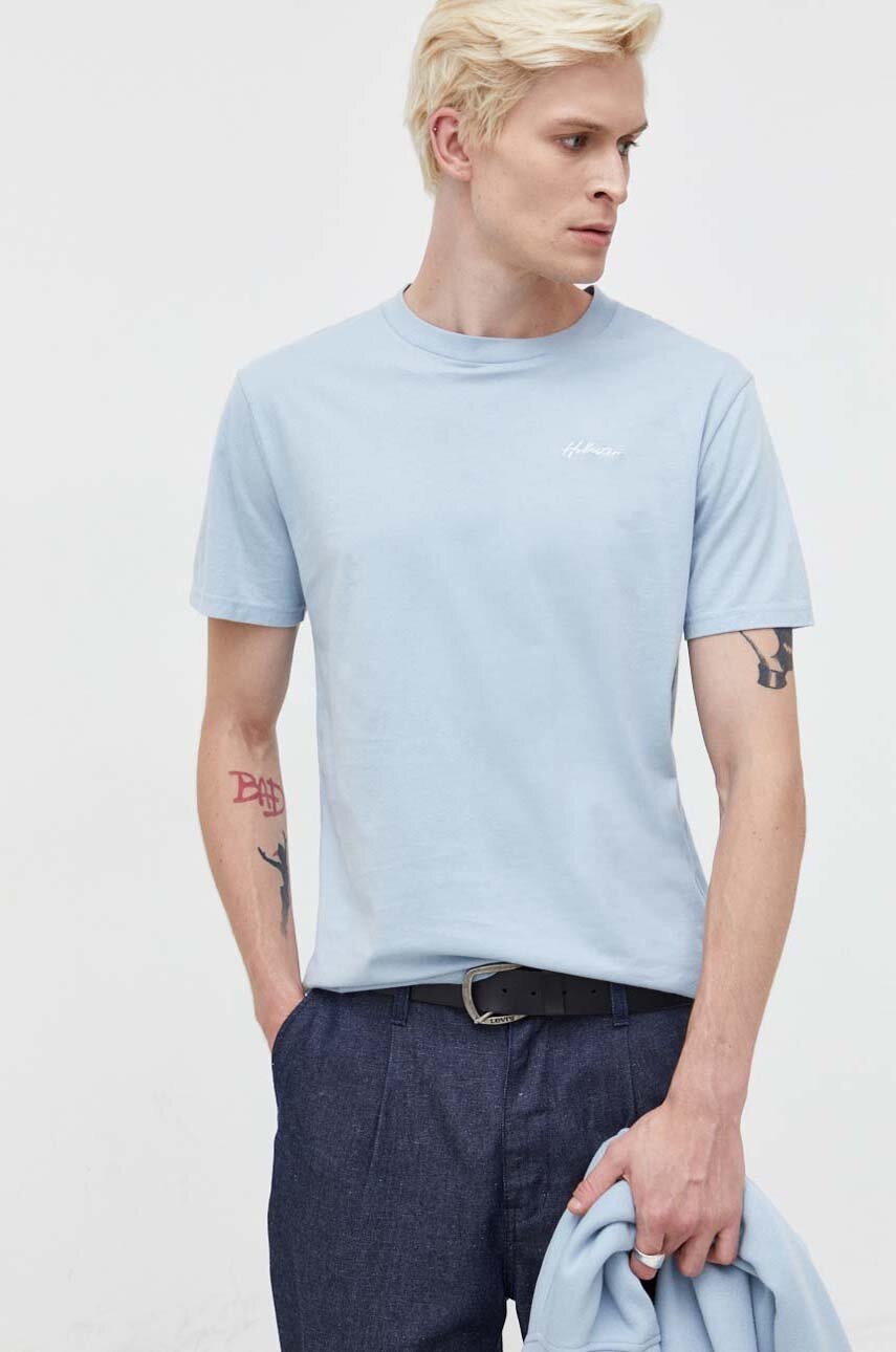 

Памучна тениска Hollister Co. в синьо с изчистен дизайн, Син